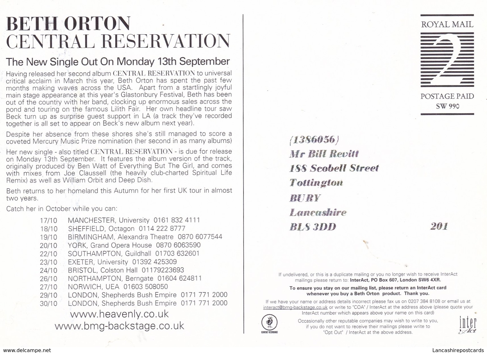 Postcard Beth Orton Advertising / Promoting Release Of Single Central Reservation  My Ref  B22800 - Music And Musicians