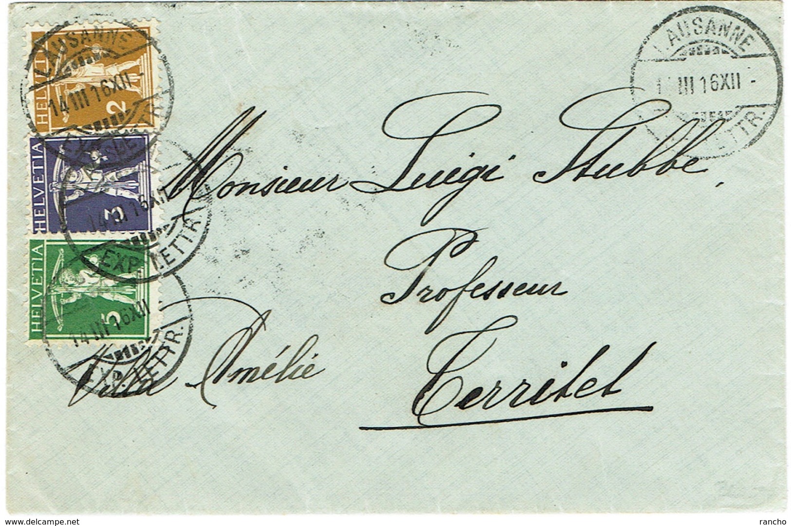 LETTRE 1916 LAUSANNE / TERRITET C/DES TIMBRES SUISSES Nr:123III.124.125III. MICHEL Nr:111III.112II.113III. - Storia Postale