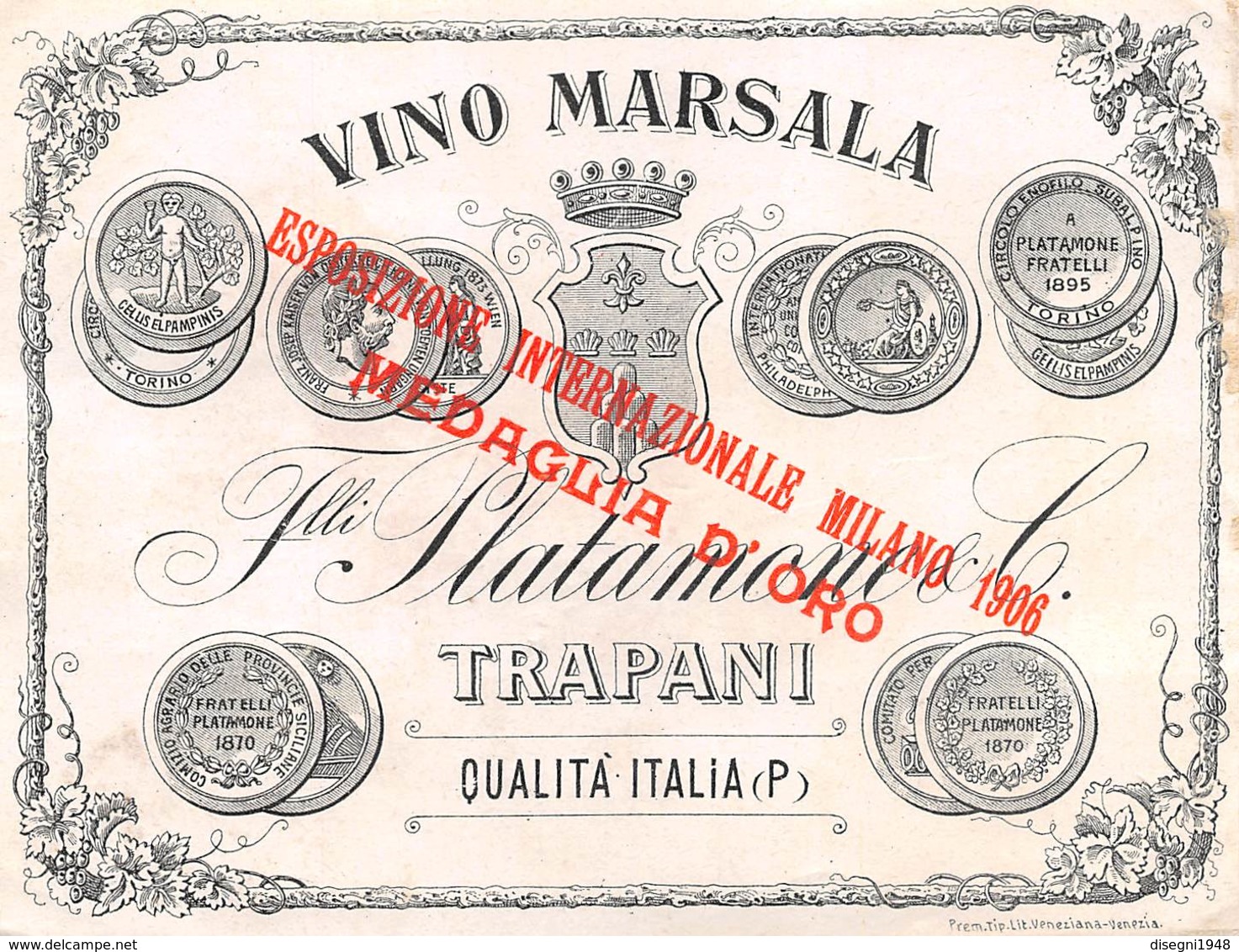 07397 "VINO MARSALA QUALITA' ITALIA (P) - F.LLI PLATAMONE - TRAPANI - MEDAGLIA ORO MILANO 1906" ETICH. ORIG. LABEL - Other & Unclassified