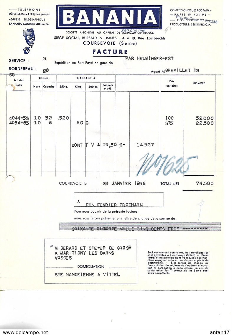 Lot De 5 Factures + Traite Au Dos  1956 / BANANIA 1956 / 92 COURBEVOIE / Chocolats-desserts - Advertising