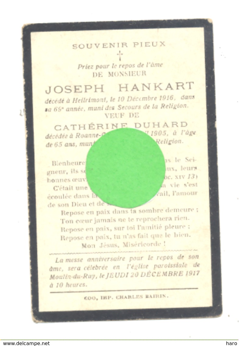 Faire=part De Décès De Joseph HANKART - HEILRIMONT(Stoumont) 1916 Et Catherine DUHARD - ROANNE COO 1905 (b235) - Esquela