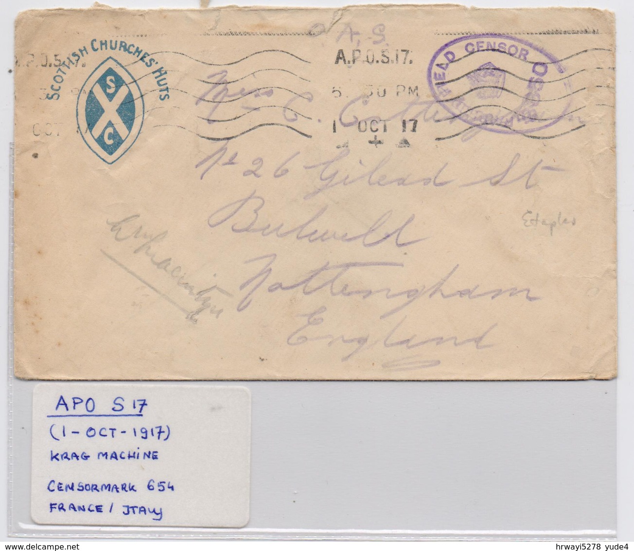 Scottish Churches Huts Cover, Fieldpost 1917 From France Or Italy, Canceled With Krag Machine - Covers & Documents