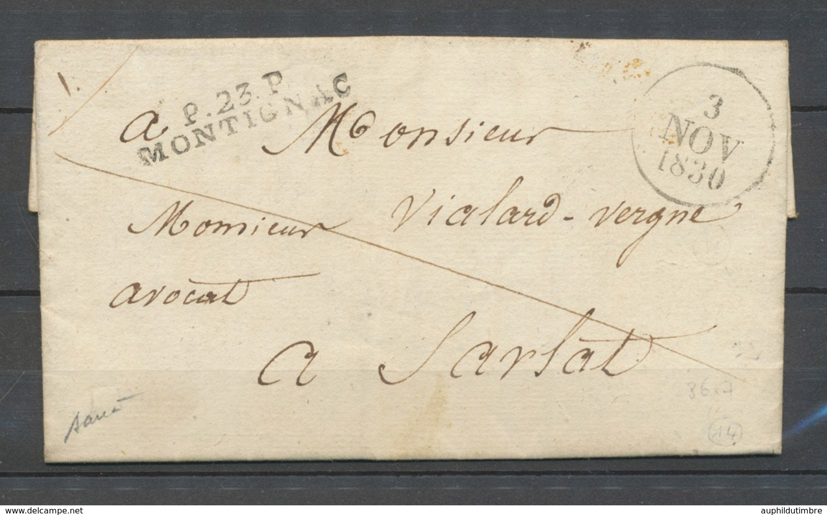 1830 Lettre Marque Linéaire P23P/MONTIGNAC, 36*7, DORDOGNE Superbe X4015 - 1801-1848: Précurseurs XIX