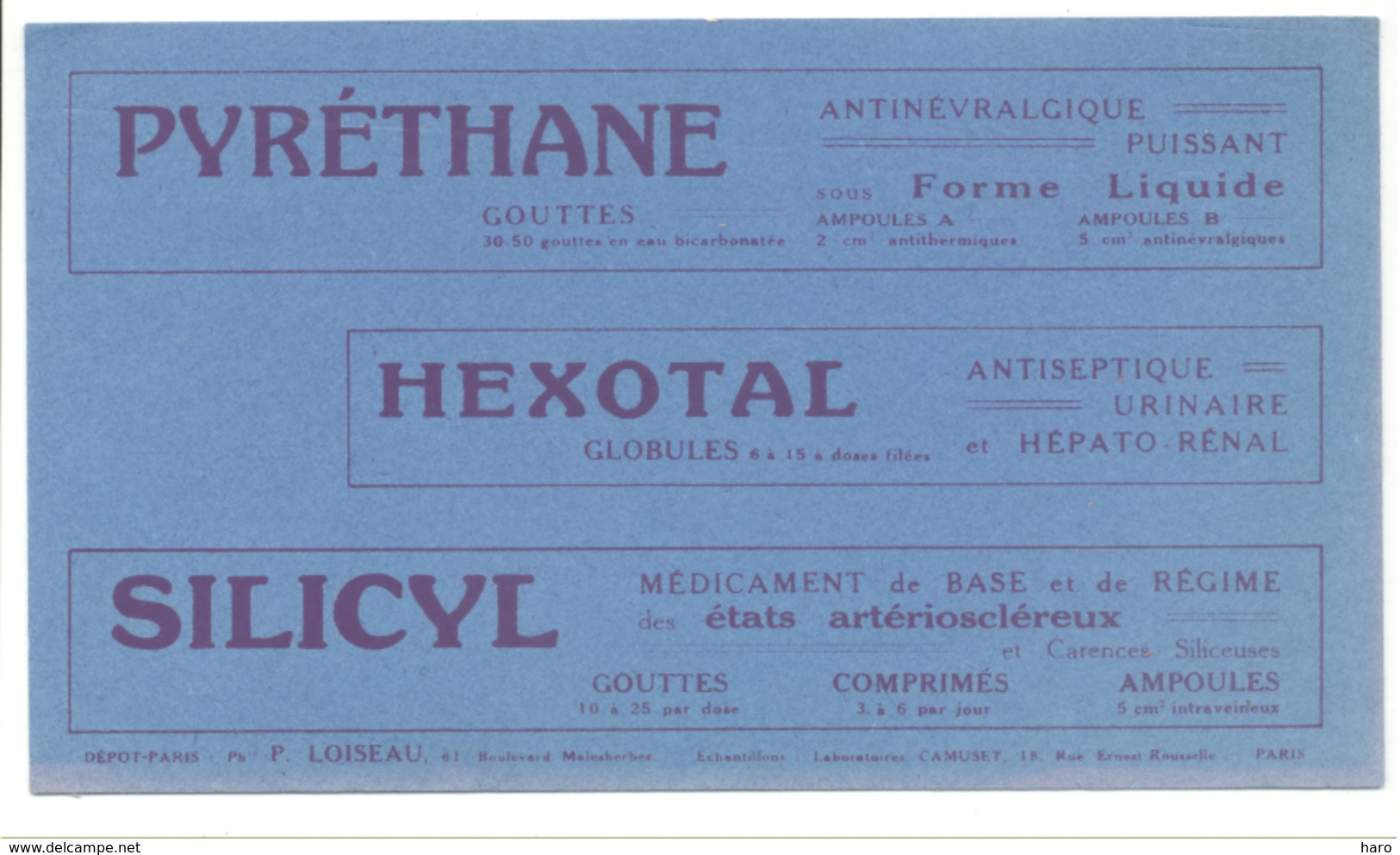 Buvard Publicitaire - Pyréthane, Hexotal, Silicyl Laboratoires Camuset ( Paris) Médecine, Pharmacie, Médicament  (b235) - Chemist's