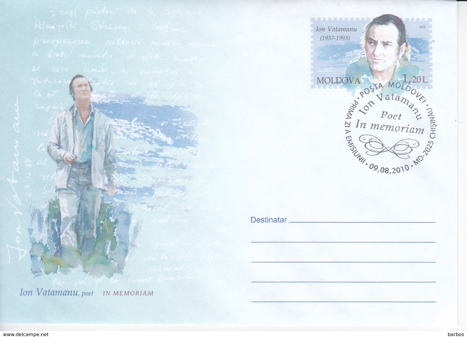 MOLDOVA , MOLDAVIE   MOLDAU ,  2010 , Poet I.Vatamanu , In Memoriam , Pre-paid Envelope - Moldova