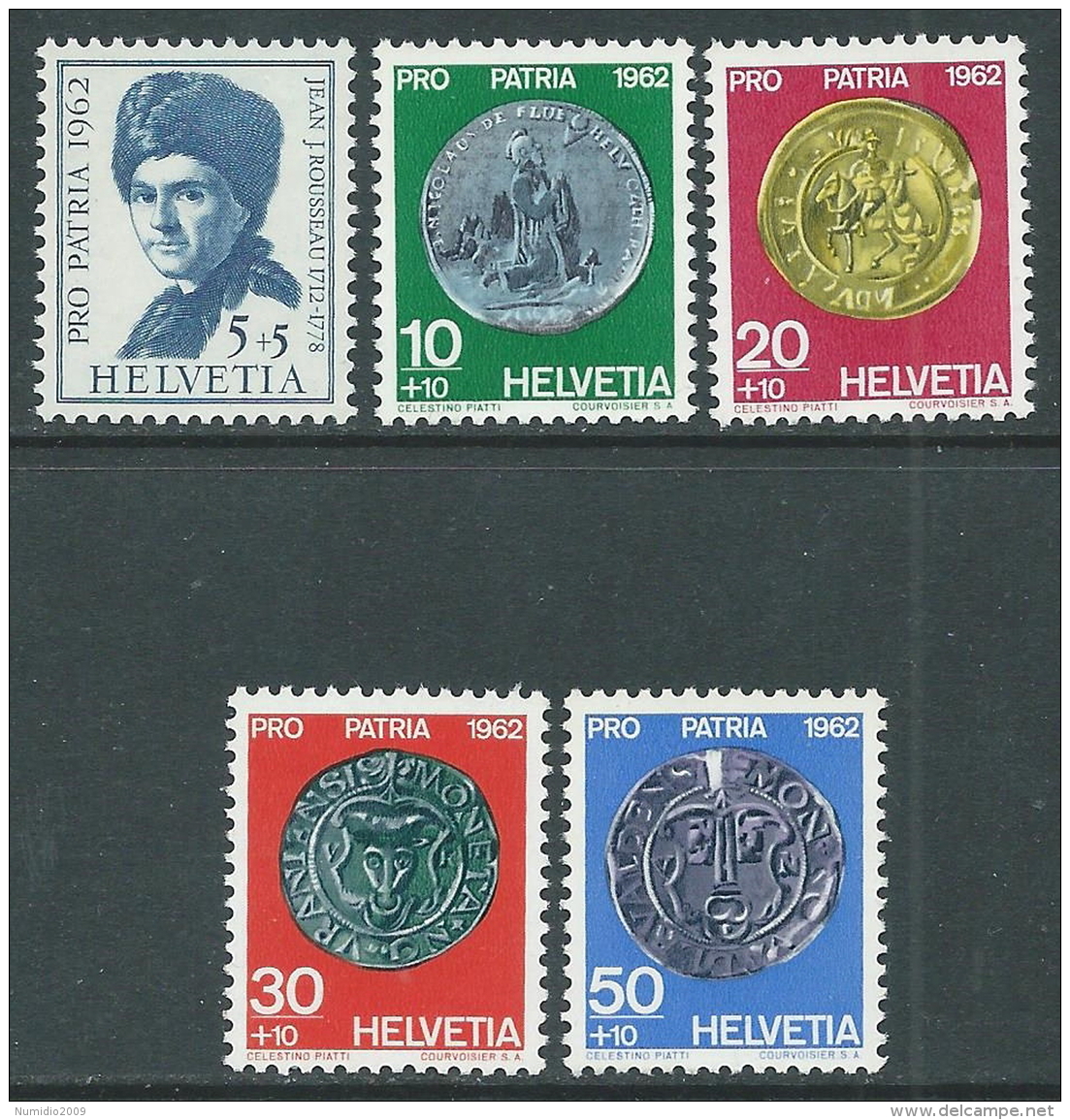 1962 SVIZZERA PRO PATRIA J.J. ROUSSEAU E MONETE ANTICHE MNH ** - I59-2 - Nuovi