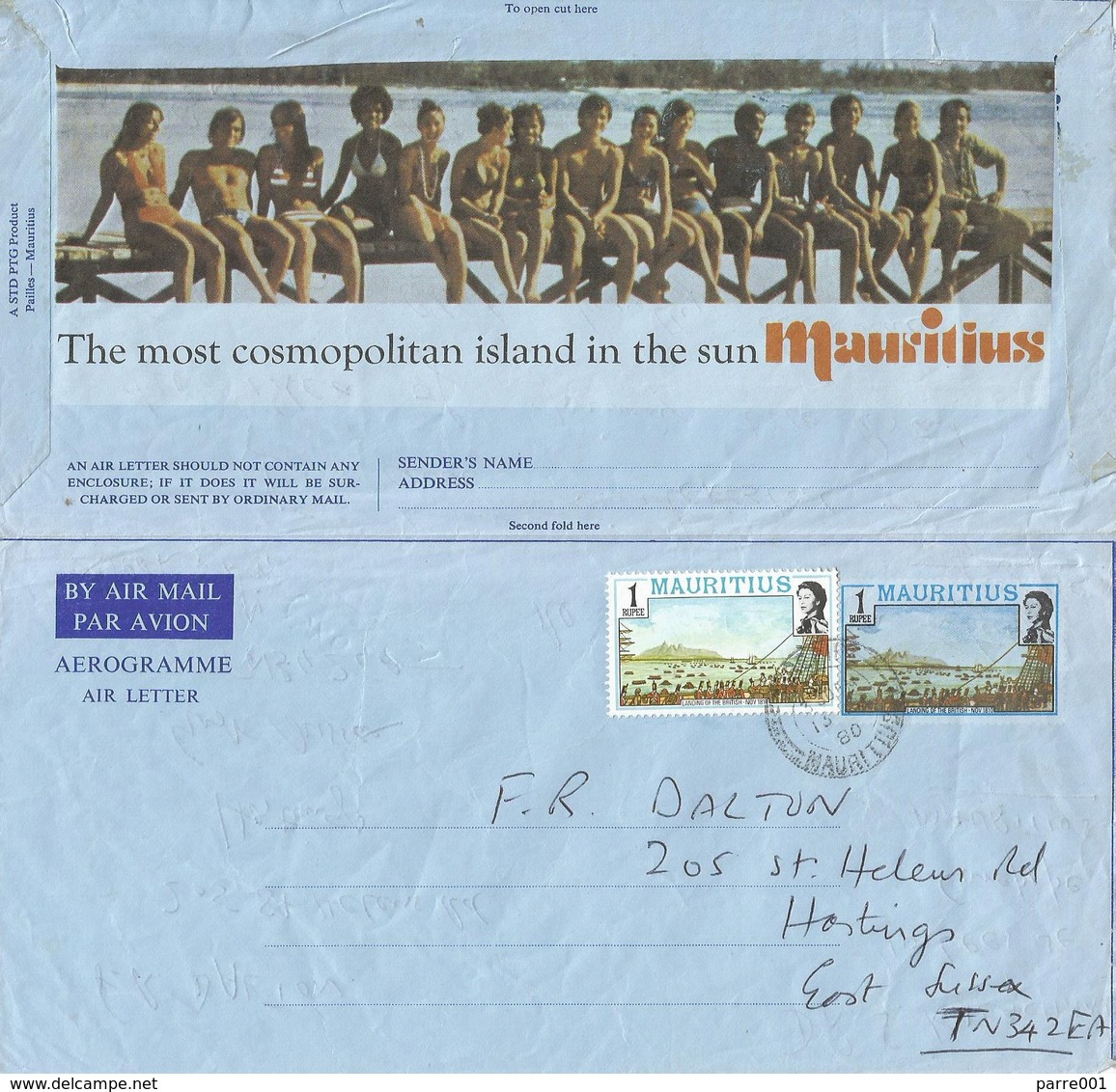 Mauritius 1980 Reduit Landing Of The British Upfranked Aerogramme - Mauritius (1968-...)