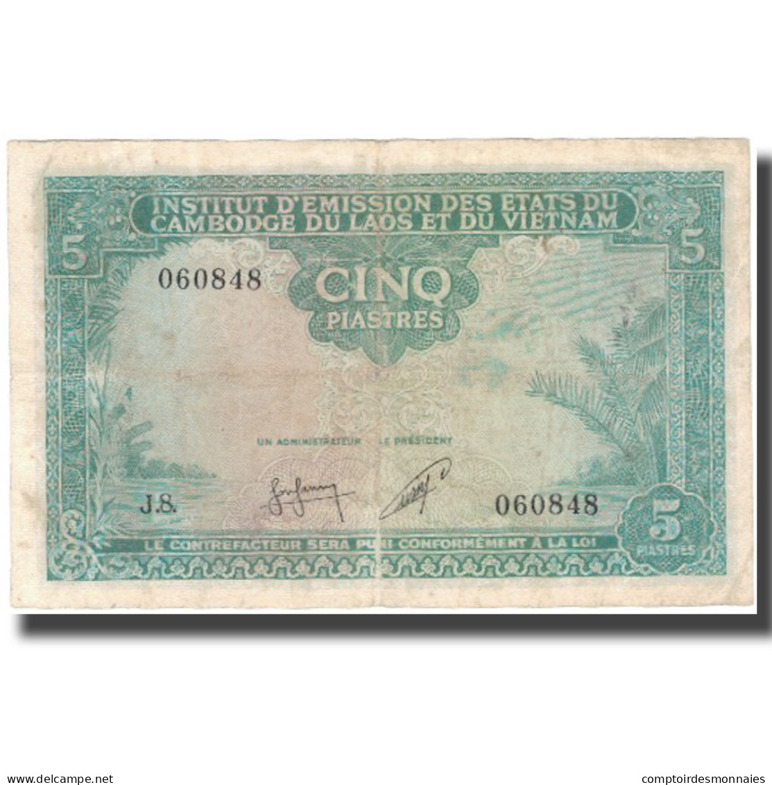 Billet, FRENCH INDO-CHINA, 5 Piastres = 5 Riels, Undated (1953), KM:95, TTB - Indocina