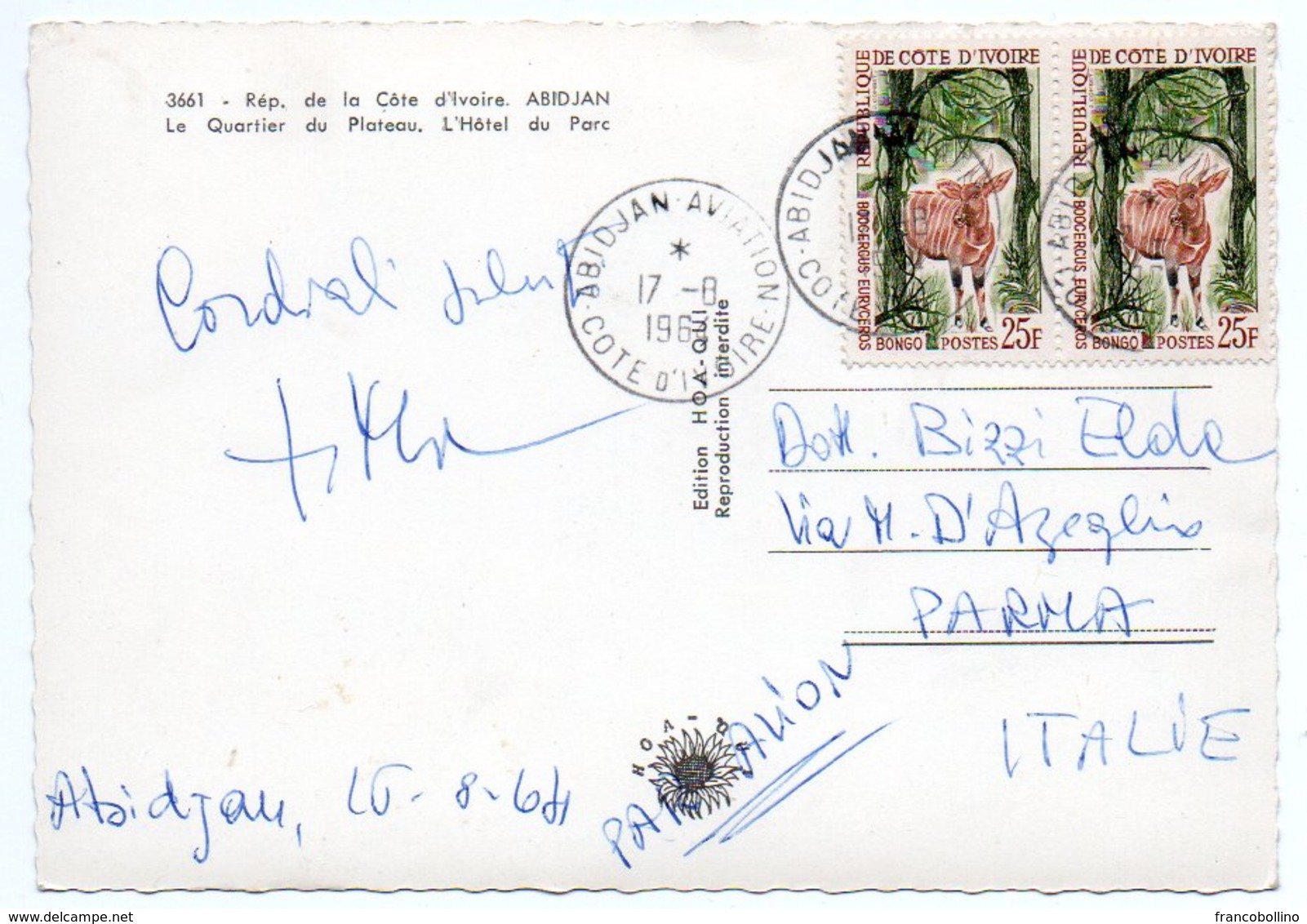 COTE D'IVOIRE - ABIDJAN LE QUARTIER DU PLATEAU. L'HOTEL DU PARC / OLD CARS-2CV/ THEMATIC STAMPS-1964 - Costa D'Avorio