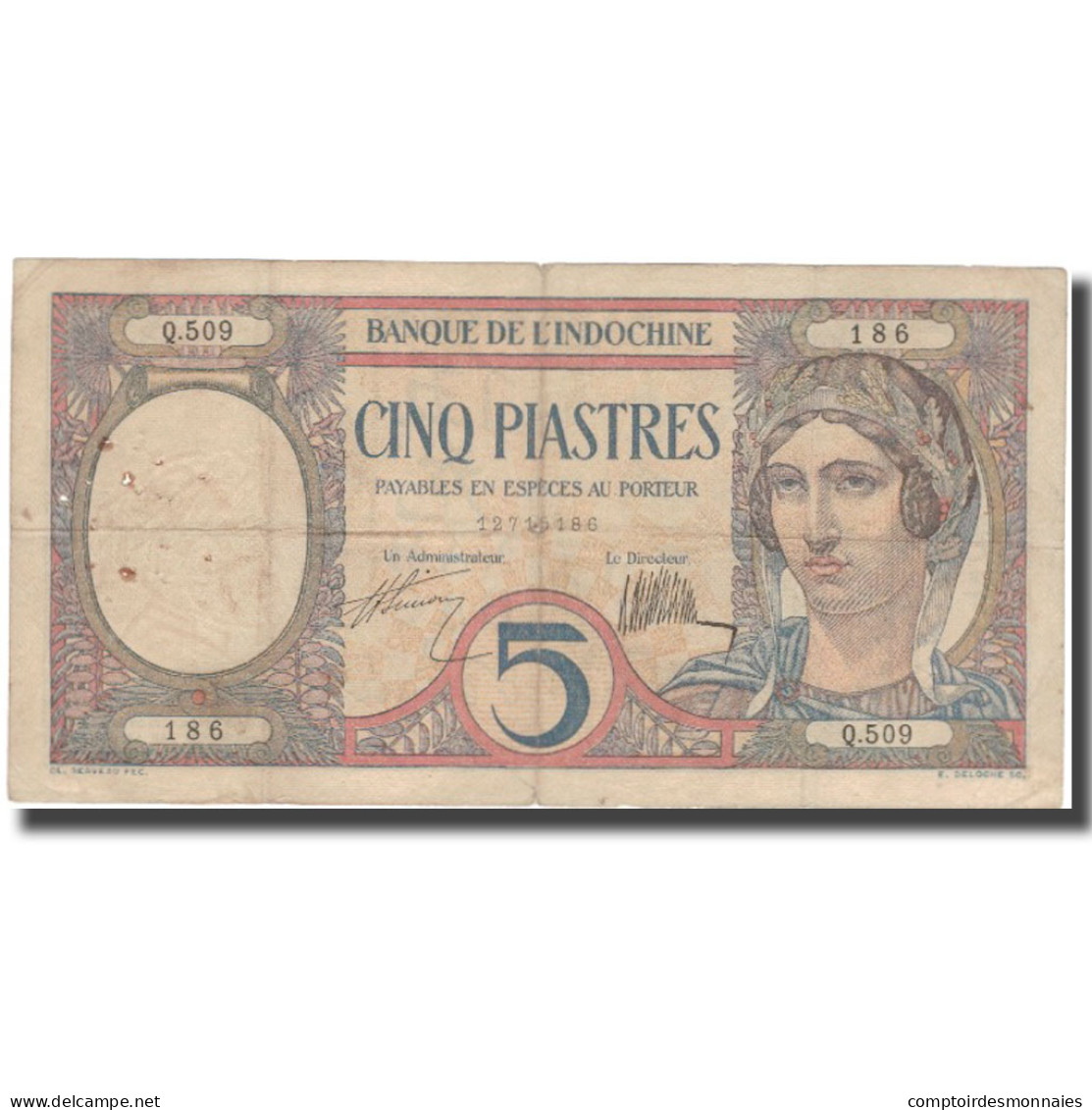 Billet, FRENCH INDO-CHINA, 5 Piastres, Undated (1926), KM:49b, TTB - Indochina