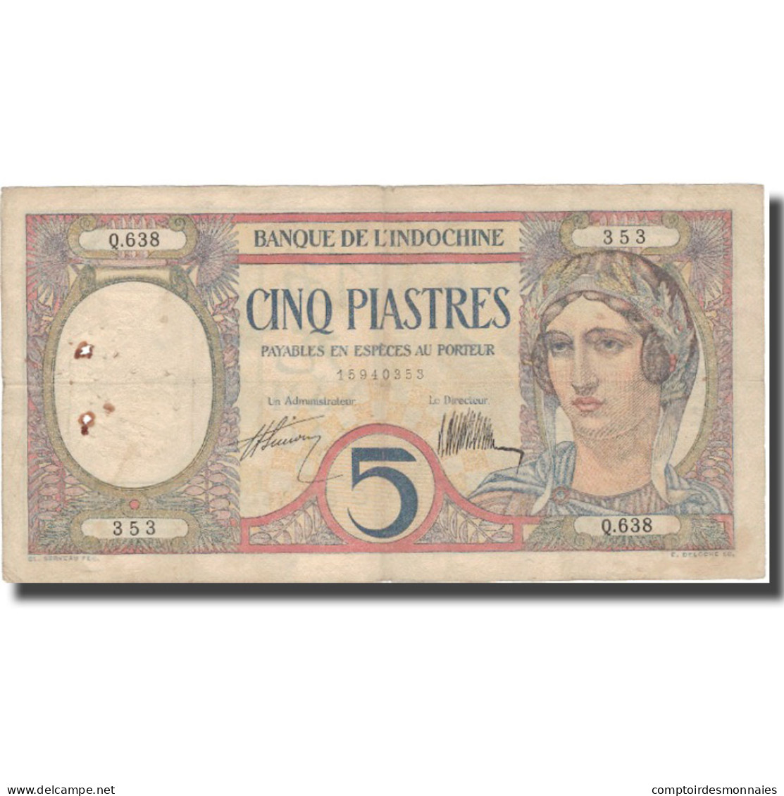 Billet, FRENCH INDO-CHINA, 5 Piastres, Undated (1926), KM:49b, TTB - Indochine