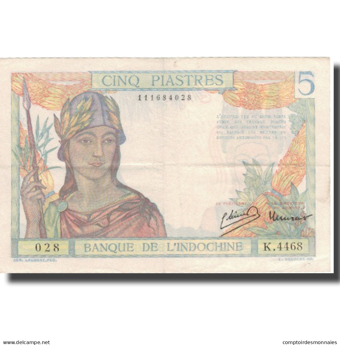Billet, FRENCH INDO-CHINA, 5 Piastres, Undated (1936), KM:55c, TTB+ - Indocina