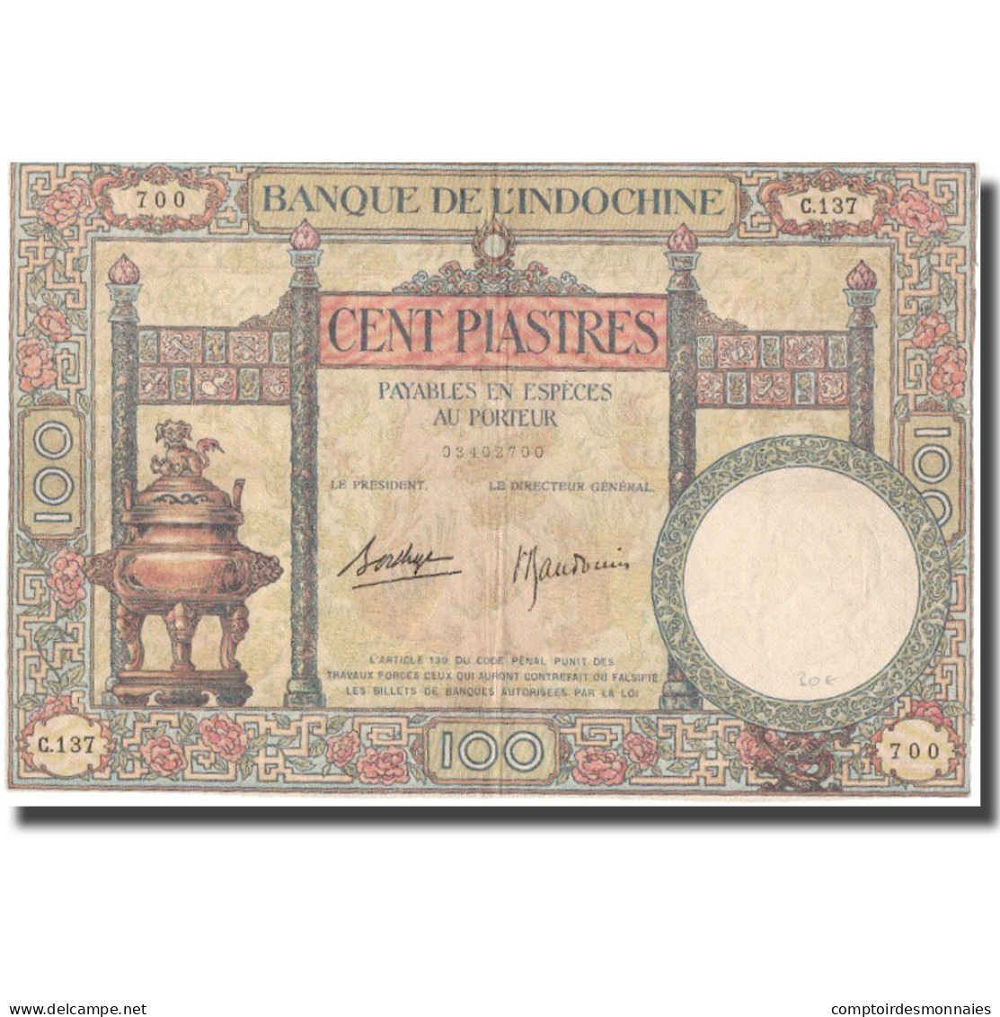 Billet, FRENCH INDO-CHINA, 100 Piastres, KM:51d, TTB - Indochine