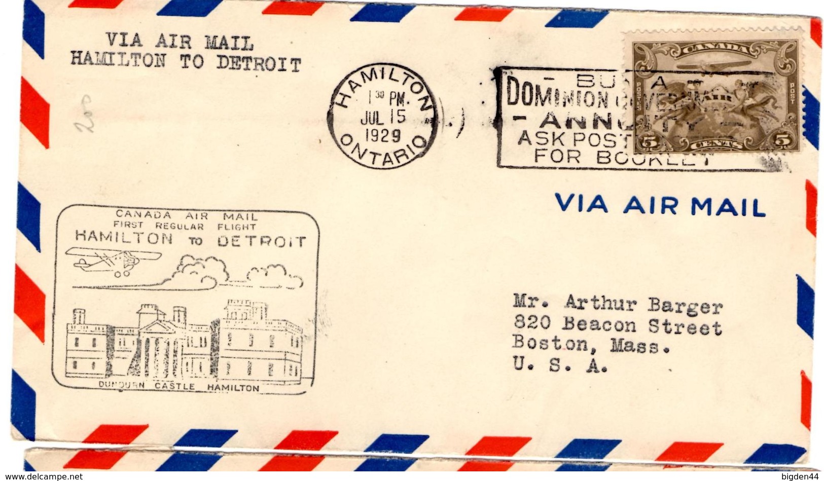 Lettre Par Avion De Hamilton (15.07.1929) To Detroit, USA - First Flight Covers