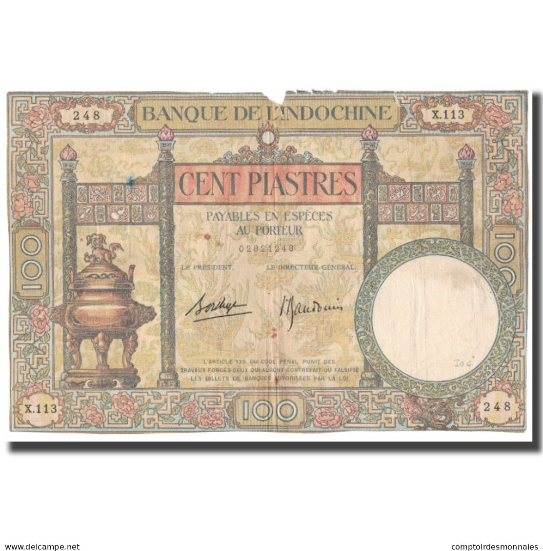 Billet, FRENCH INDO-CHINA, 100 Piastres, KM:51d, B+ - Indochina