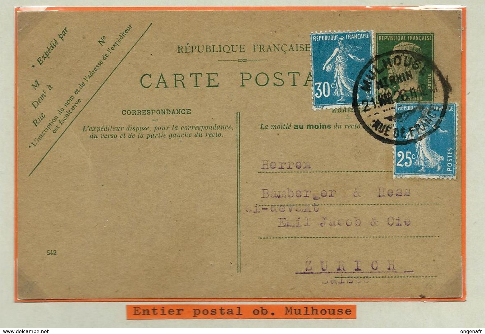 Louis Pasteur : Entier-postal N°: 172-CP1  Obl. Mulhouse 21/03/1928  Pour Zurich (CH) - Lettres & Documents