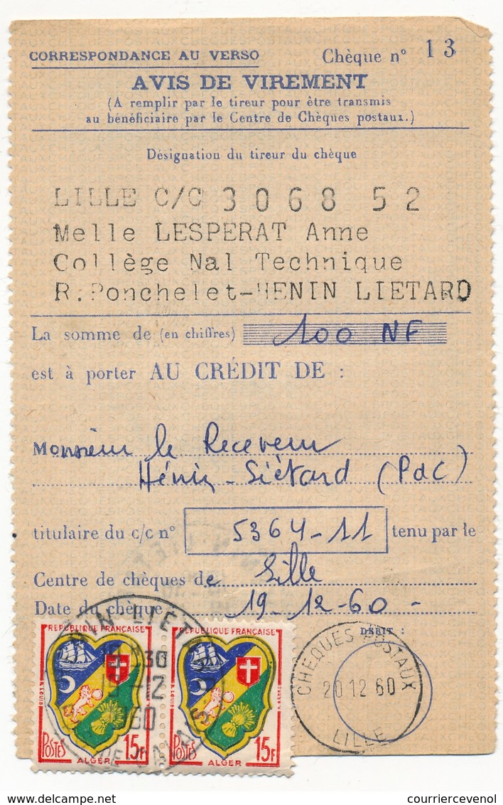 FRANCE - 2 Avis De Virement Affranchis 15F Blason D'Alger X2 - HENIN LIETARD (PdC) 1960 - Lettres & Documents