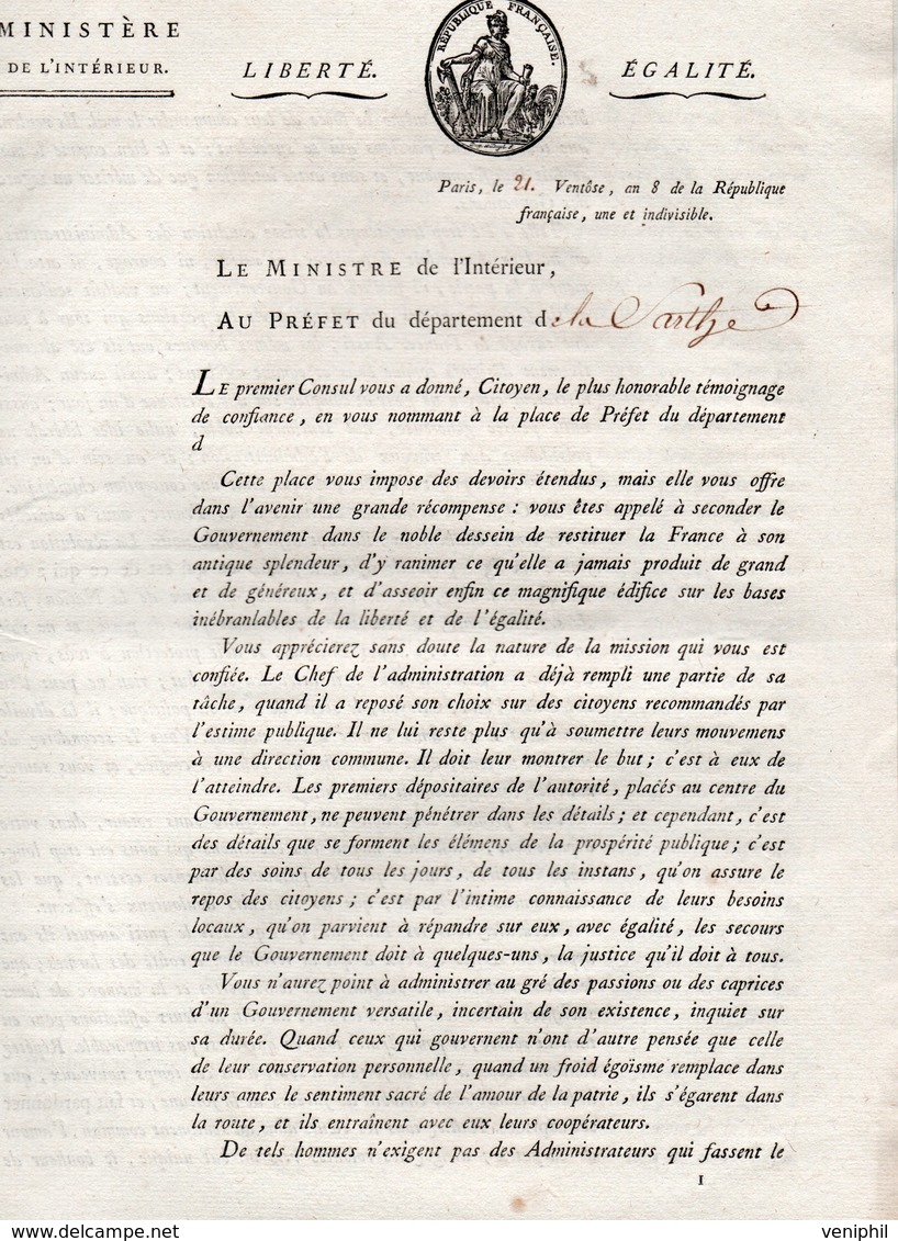 DECRET -MINISTERE DE L'INTERIEUR -LUCIEN BONAPARTE -NOMINATION ADMINISTRATEUR A LA PLACE DES PREFETS - 21 VENTOSE AN 8 - Décrets & Lois