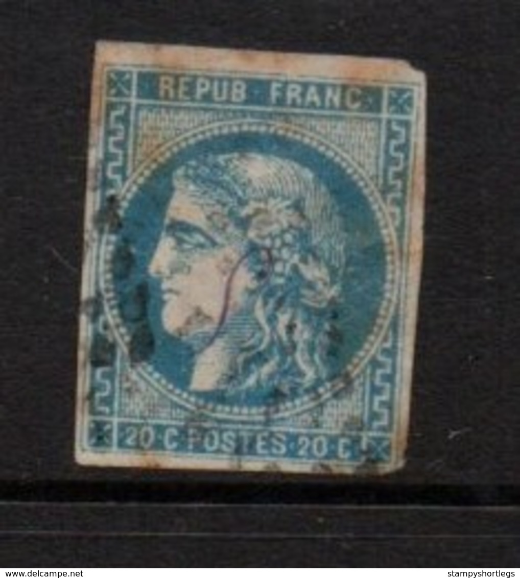 France 1870  Bordeaux Ceres 20 Cents Blue Type 111    Severe Thin - 1870 Emission De Bordeaux