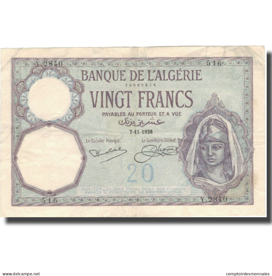 Billet, Algeria, 20 Francs, 1928, 1928-11-07, KM:78b, TTB+ - Algeria