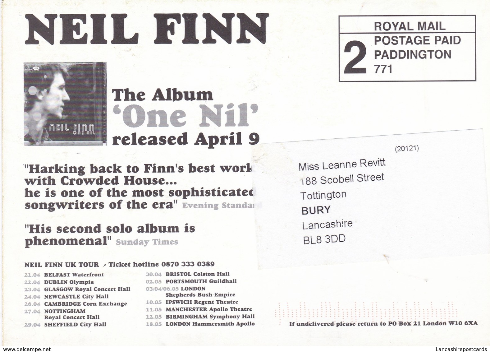 Postcard Neil Finn Advertising / Promoting Release Of The Album One Nil My Ref  B22807 - Music And Musicians