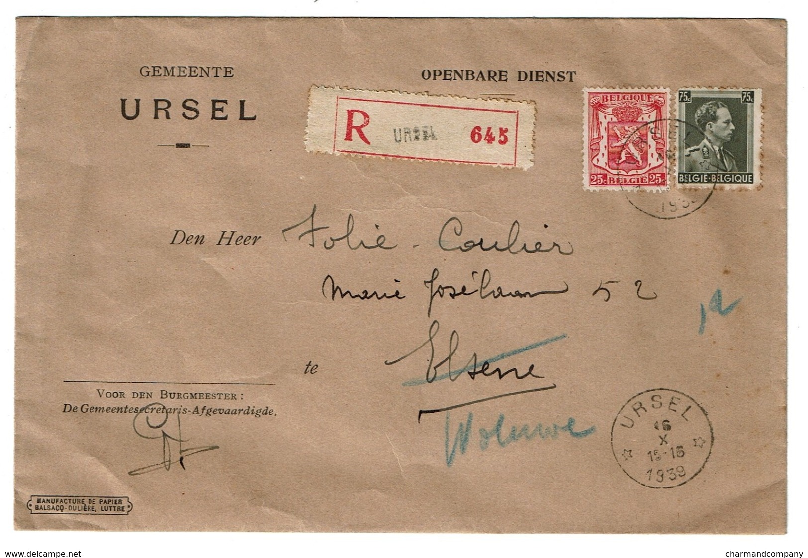 URSEL - Recommandé 1939 - Enveloppe Gemeente URSEL - Voir Scan - Cachets à étoiles