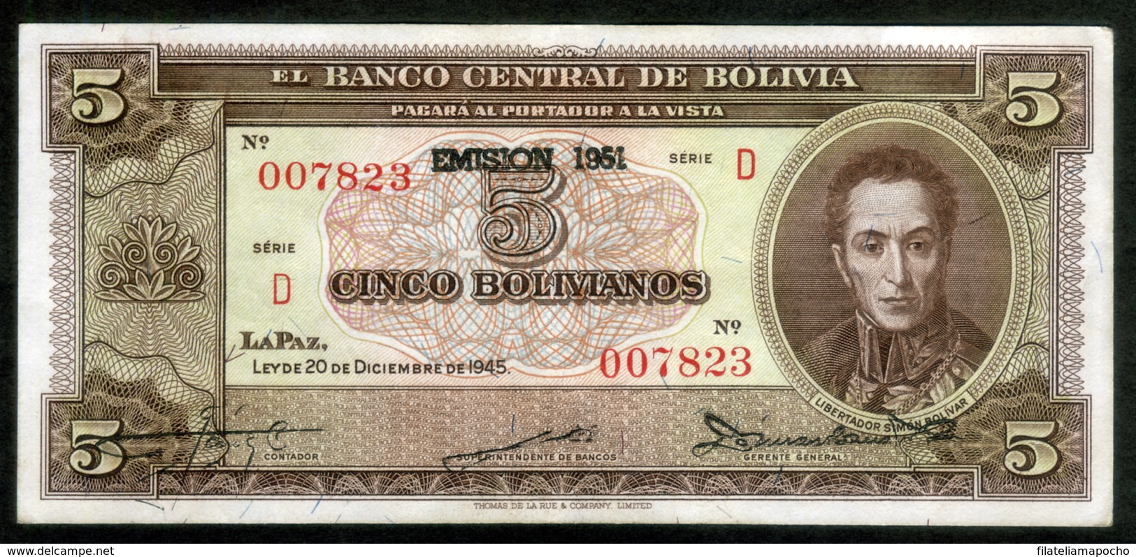 BOLIVIA BILLETES; 5 Bs 1945, CON SOBRE SELLO “EMISIÓN 1951”. - Bolivia