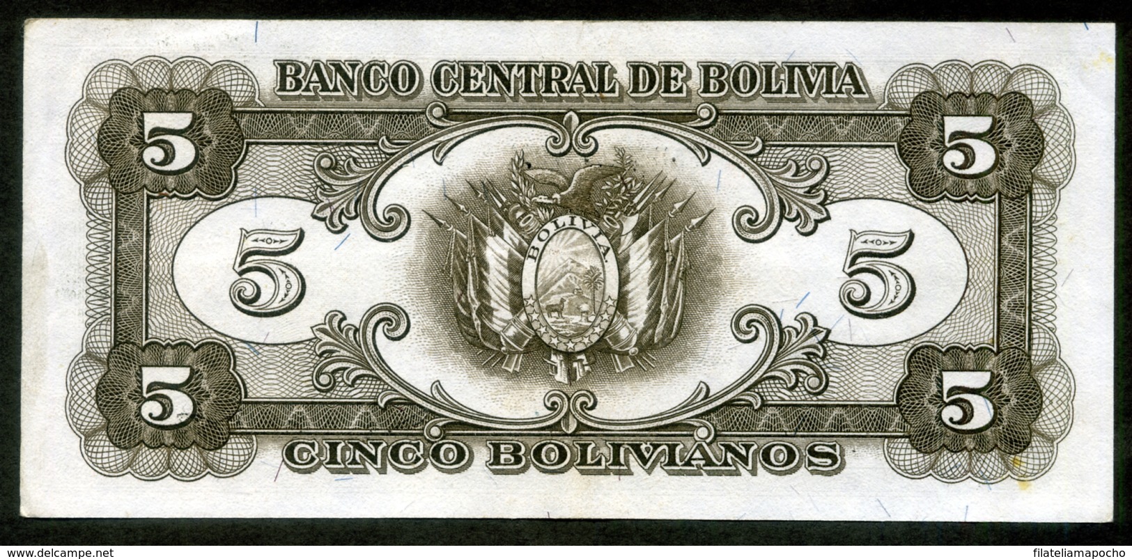 BOLIVIA BILLETES; 5 Bs 1945, CON SOBRE SELLO “EMISIÓN 1951”. - Bolivia