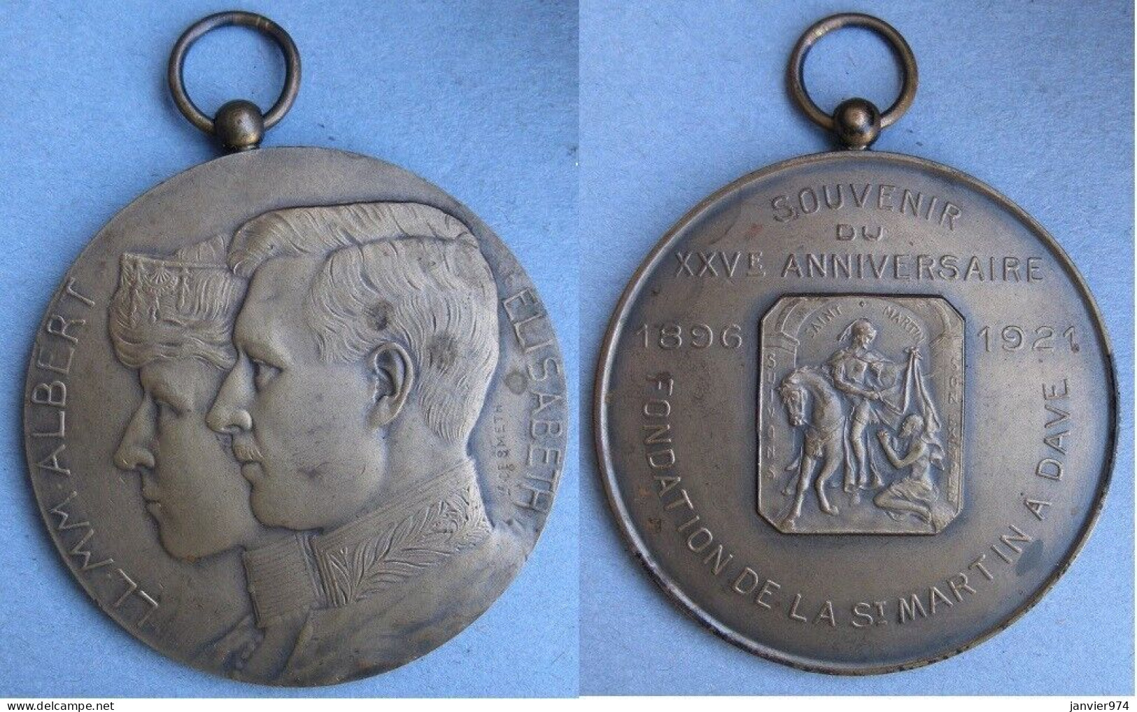 Médaille  25eme Anniversaire 1896 &ndash; 1921 Fondation De La St Martin à Dave . Albert Et Elisabeth Par  De Smeth - Altri & Non Classificati