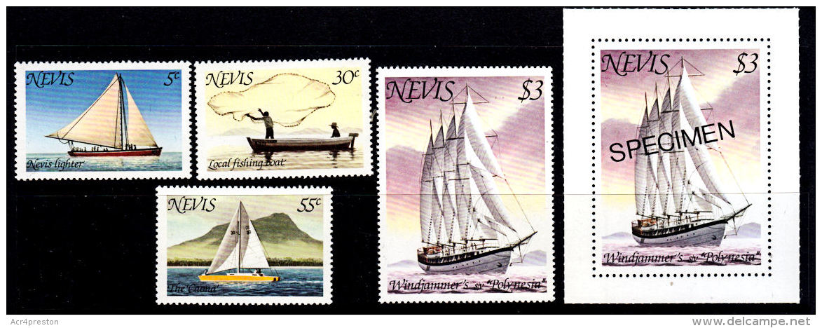 B0569 NEVIS 1980, SG 51-54  Boats,  MNH (+ One SPECIMEN Opt) - St.Kitts And Nevis ( 1983-...)