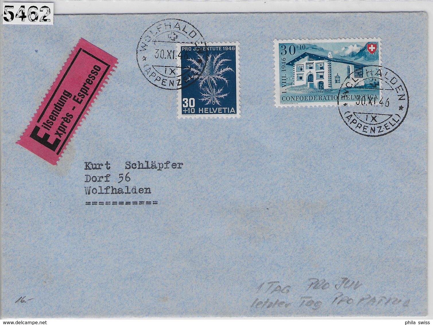 1946 Expres B33/474 J120/478 FDC Wolfhalden 30.XI.46 - Briefe U. Dokumente