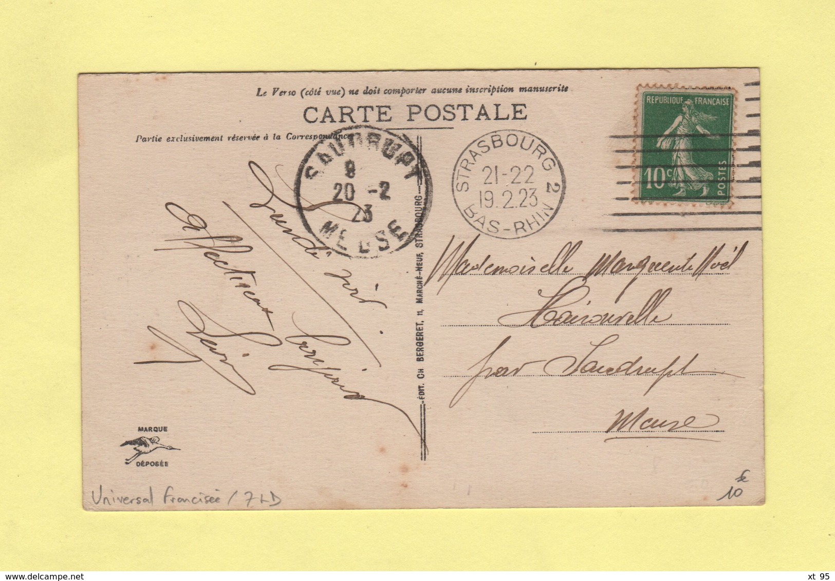 Universal Francisee - Strasbourg - 7 Lignes Droites - 1923 - Mechanical Postmarks (Advertisement)