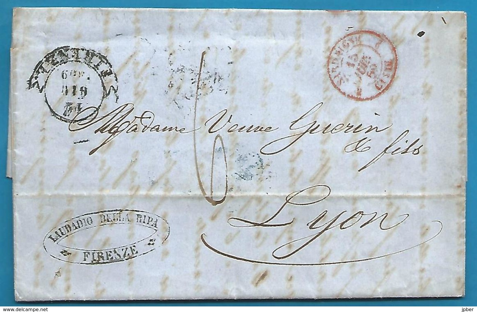 (D038) LAC De Florence (FIRENZE) Vers Lyon Du 11/6/1859 - Sardaigne Par Culoz - - Entry Postmarks