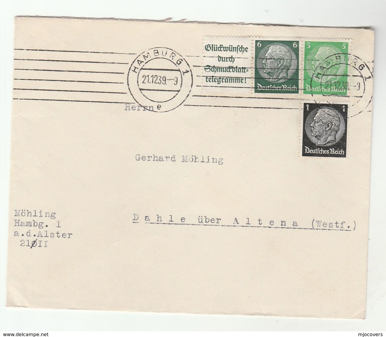 1939 Hamburg COVER  STAMP With TELEGRAMME LABEL SELVEDGE Germany Telegram - Covers & Documents