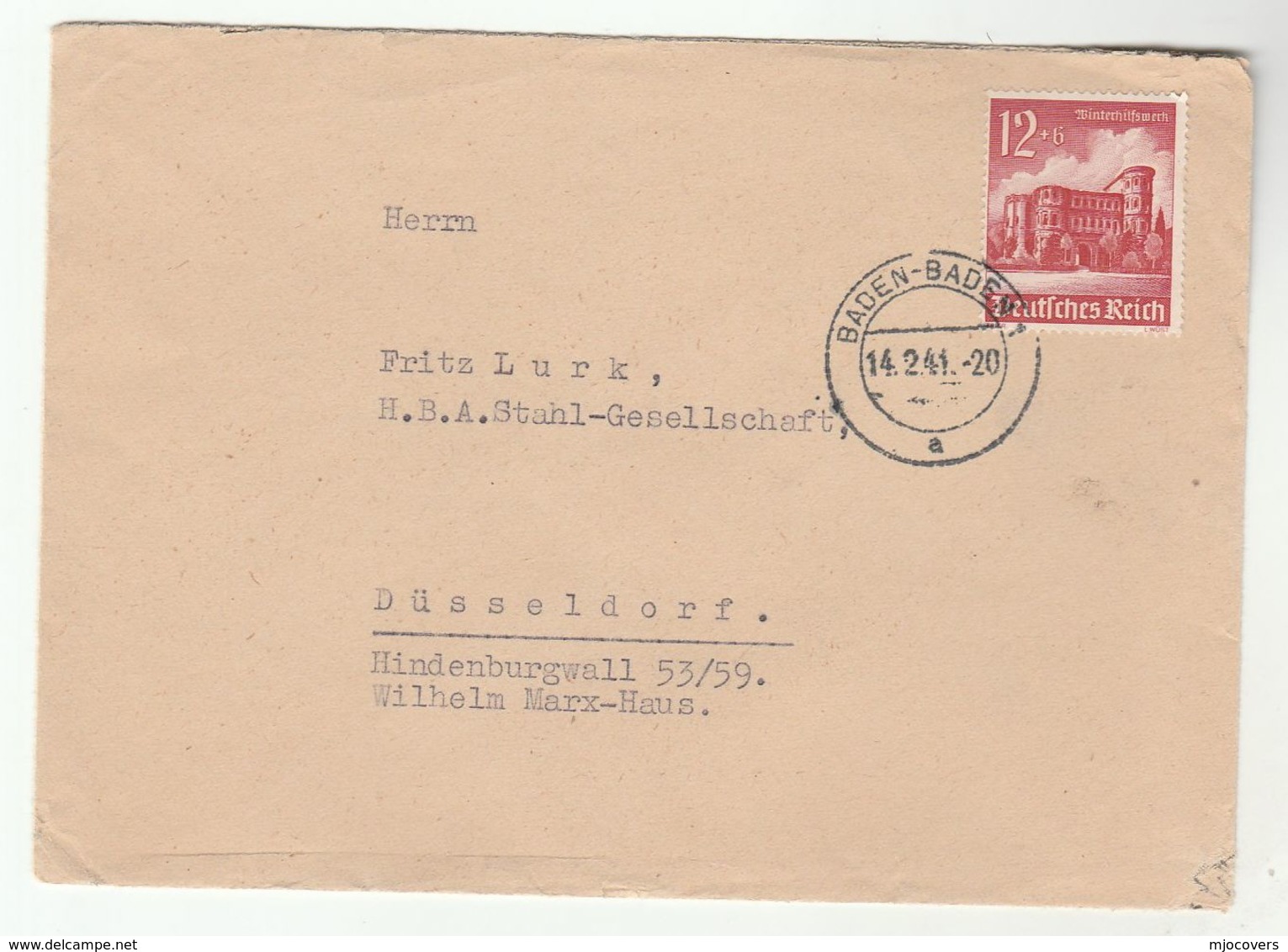 1941 Baden Baden Germany COVER  Winter Relief Stamp - Covers & Documents