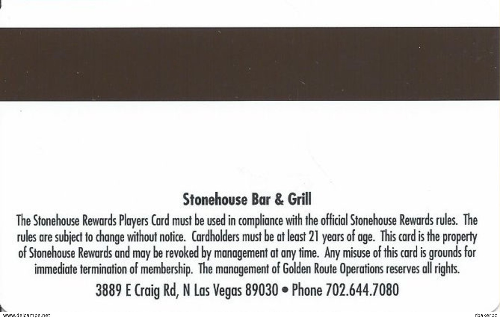 Stonehouse Bar & Grill - Las Vegas NV - BLANK Pub / Slot Card - Casino Cards