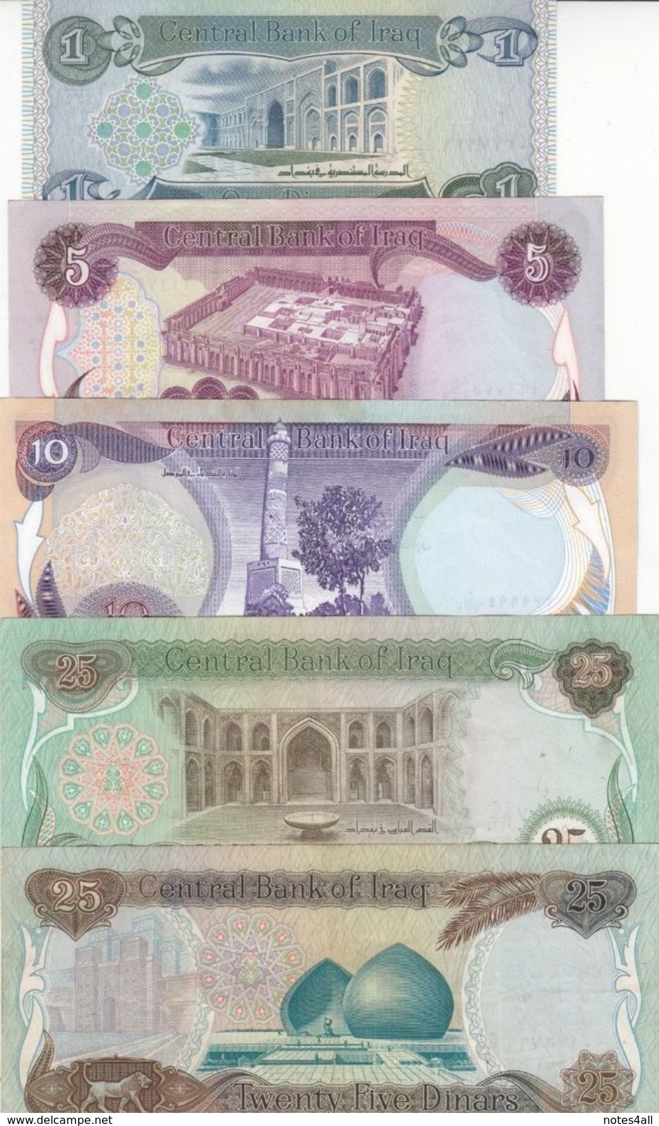 IRAQ 1 5 10 25 25 DINAR 1980 1986 P-69 70 71 72 73 SET LOT VF/XF SET - Iraq