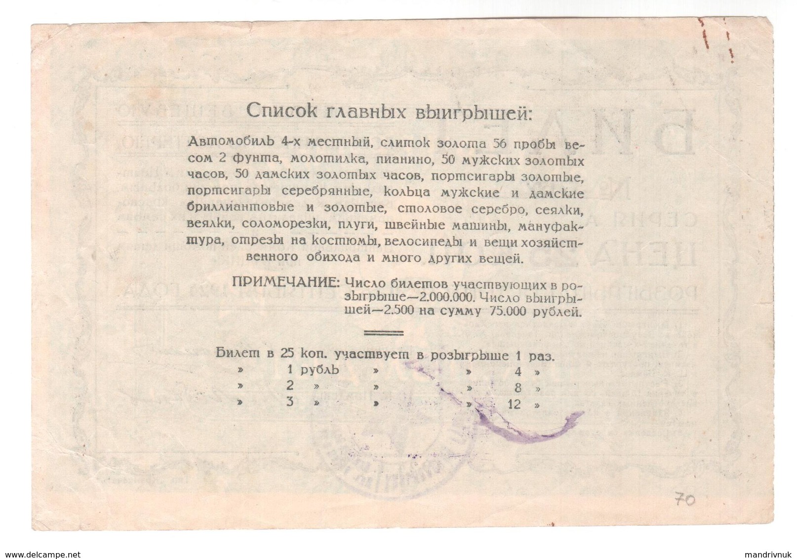 Russia // Lottery First Clothing Ukrainian Lottery 25 Kopecks 1924 - Russie