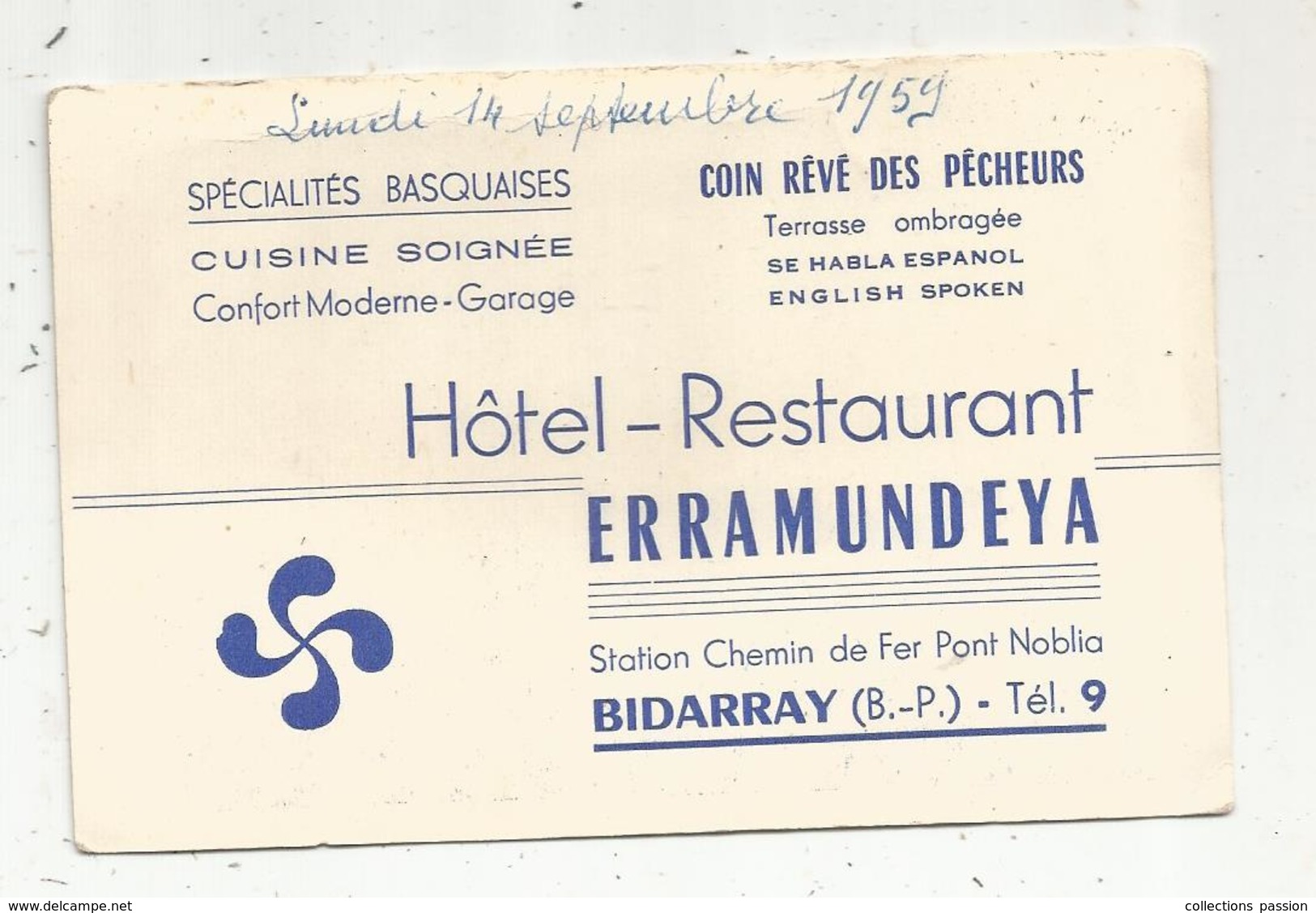 Carte De Visite ,hôtel Restaurant ERRAMUNDEYA , BIDARRAY , Basse Pyrénées ,1959 ,2 Scans - Visiting Cards