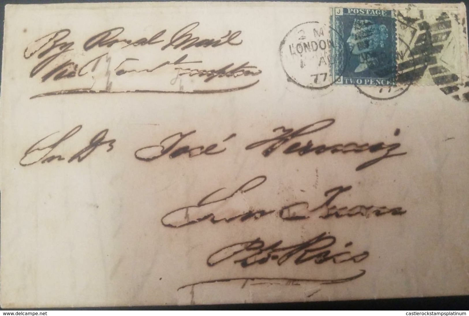 O)  1877 GREAT BRITAIN -E77 GREAT BRITAIN -ENGLAND, 2p BLUE SCT A2-QUEEN VICTORIA, MARITIME MAIL  TO PUERTO RICO, XF - Cartas & Documentos