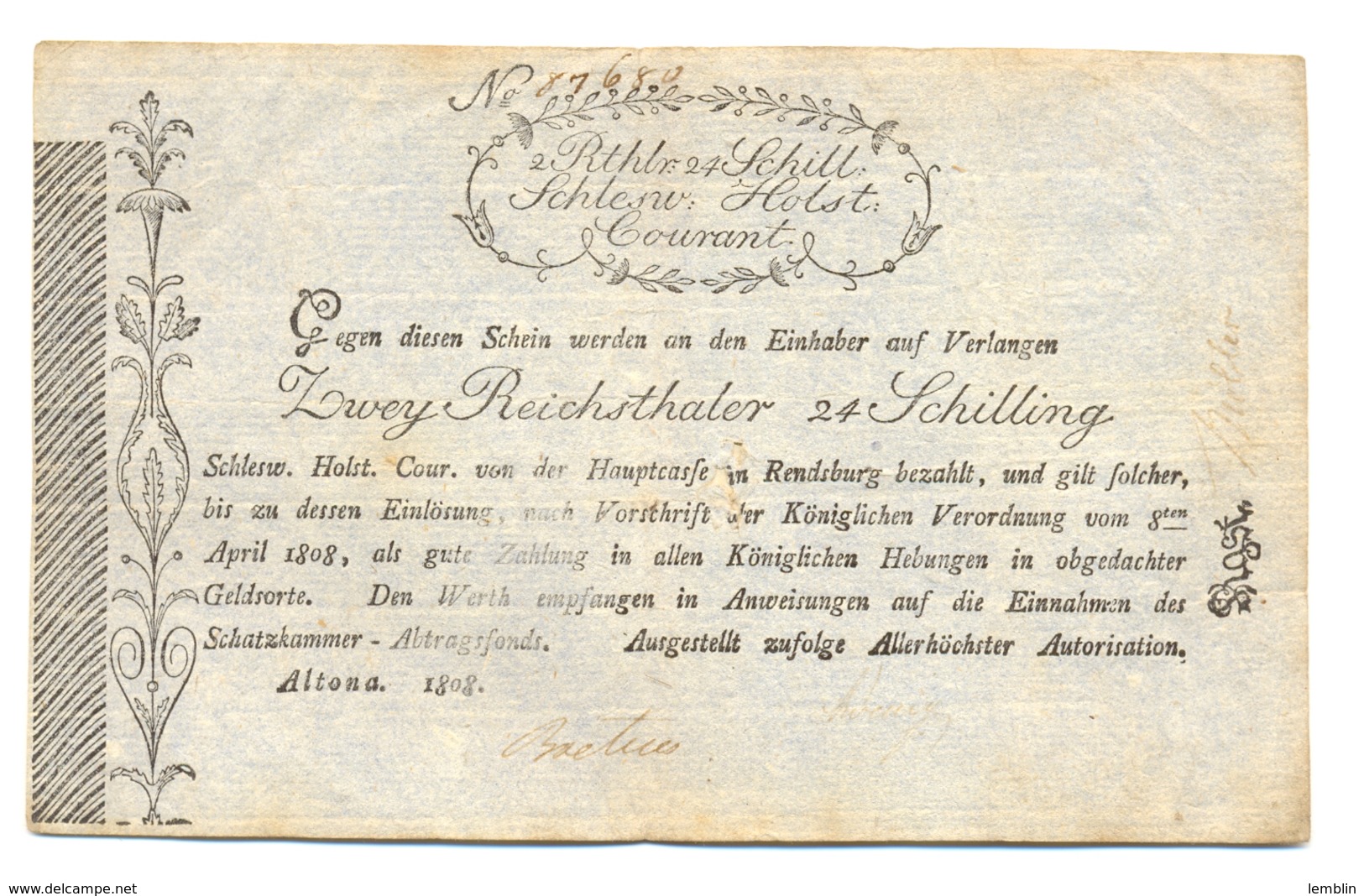 ASSIGNAT DU SCLESWIG-HLSTEIN 1808 - 2 REICHSTHALERS ET 24 SCHILLINGS - …-1871: Altdeutschland