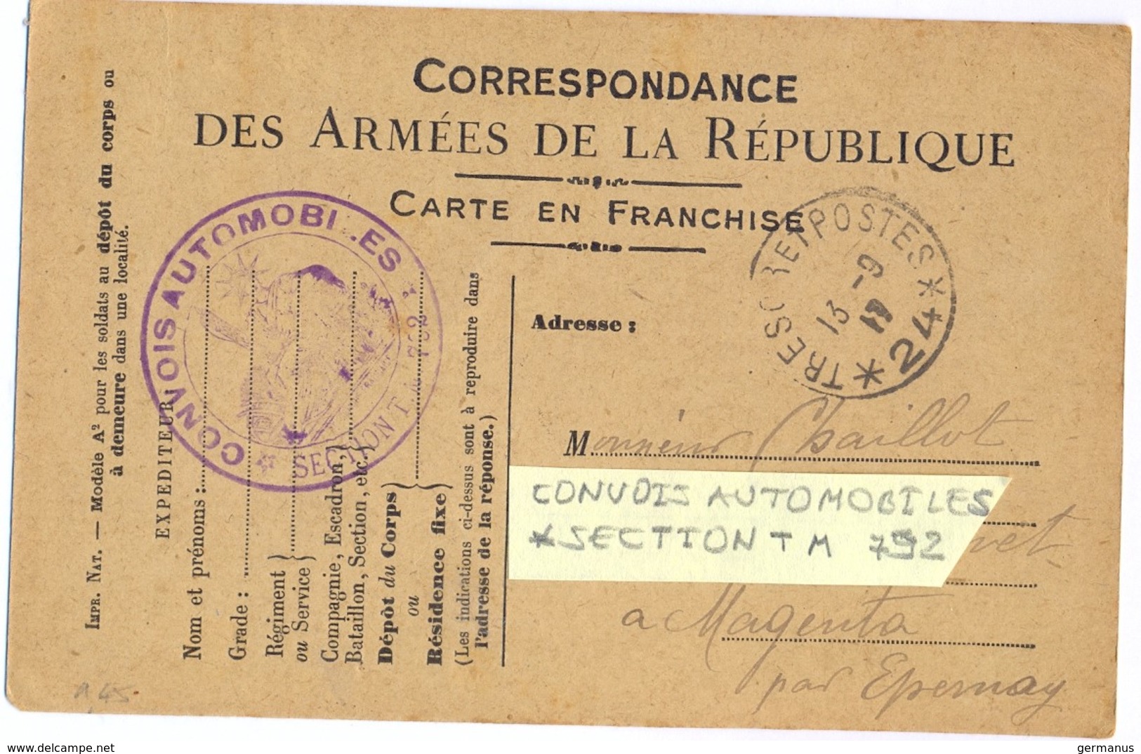 GUERRE 14-18 CONVOIS AUTOMOBILES * SECTION T.M. 792 * TàD TRESOR ET POSTES * 24 * 13-9-17 - Guerre De 1914-18