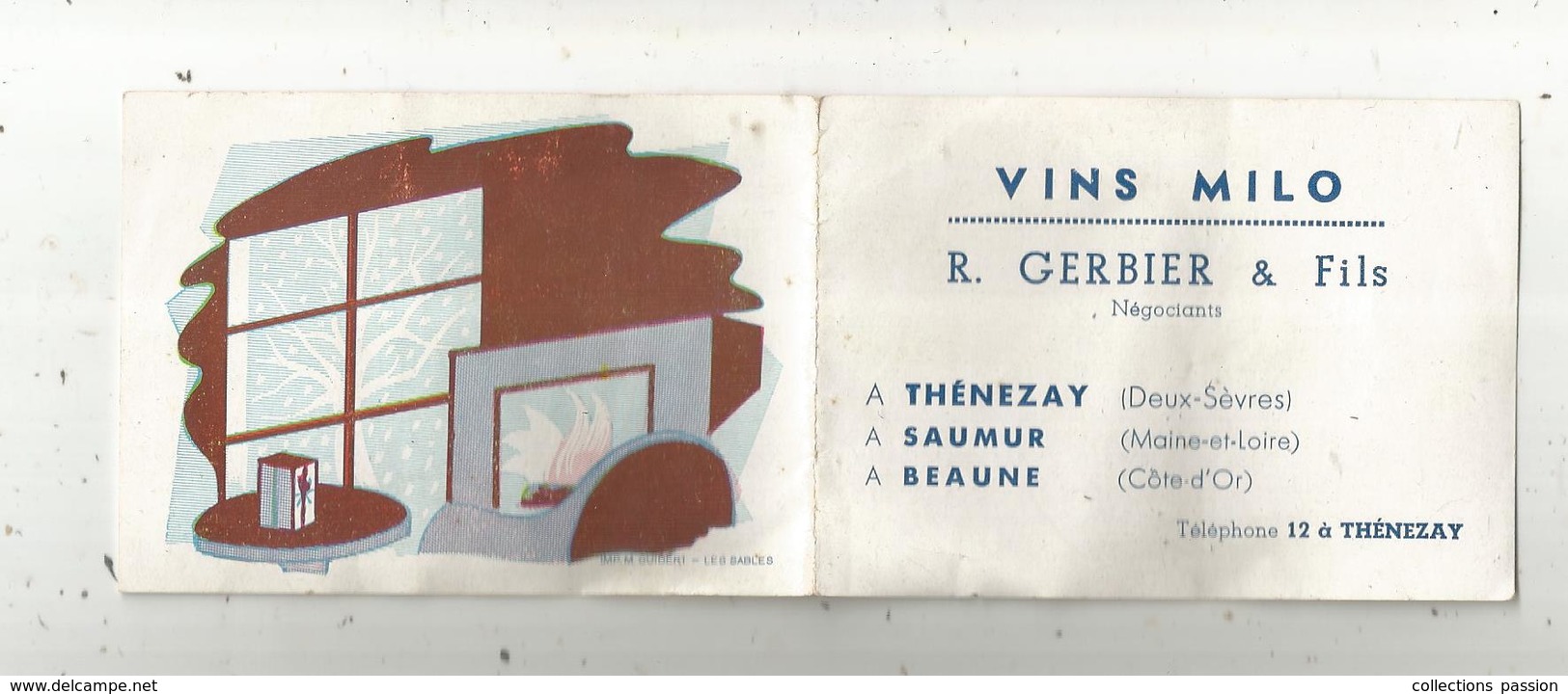 CALENDRIER 1959 , Petit Format , VINS MILO , R. Gerber & Fils, Négociants , Thénezay, Saumur , Beaune , 4 Pages ,2 Scans - Tamaño Pequeño : 1941-60