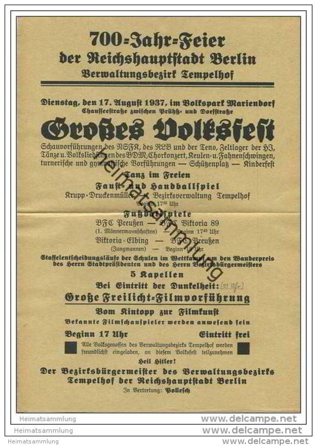 Flugblatt - Einladung Zur 700 Jahr Feier Der Reichshauptstadt Berlin - Verwaltungsbezirk Tempelhof - 17. August 1937 - Berlin