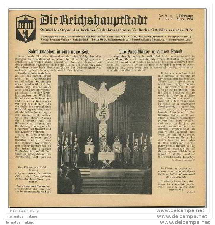 Die Reichshauptstadt - Offizielles Organ Des Berliner Verkehrs-Vereins E.V. - Wochenprogramm 1. Bis 7. März 1938 - Berlin