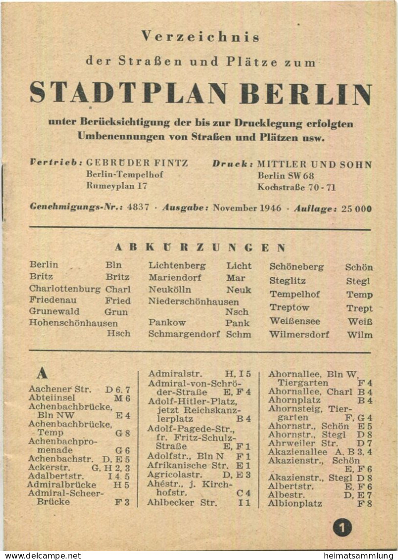 Stadtplan Berlin 1946 Mit Ausführlichen Strassenverzeichnis - Landkarten