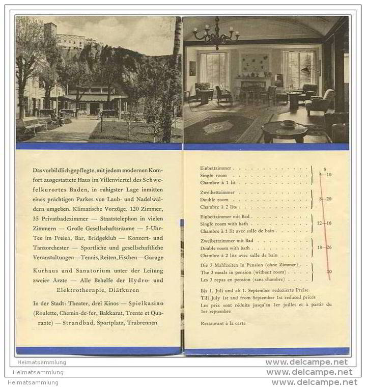 Baden Bei Wien - Sacher 's Hotel Und Kurhaus Helenental - Faltblatt Mit 5 Abbildungen - Austria