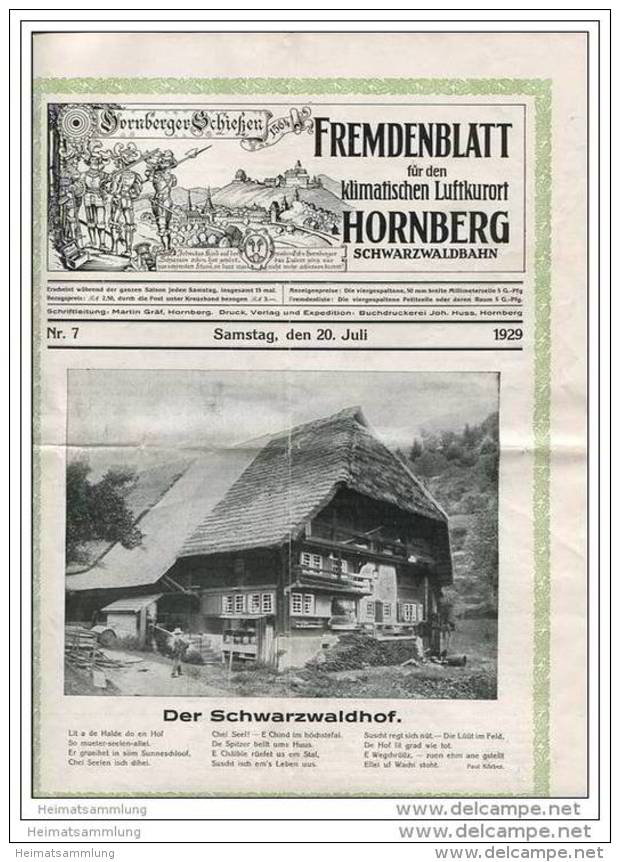 Hornberg - Fremdenblatt - Schwarzwaldbahn - Samstag 20. Juli 1929 - 25cm X32cm - 8 Seiten Mit 7 Abbildungen - Bade-Wurtemberg