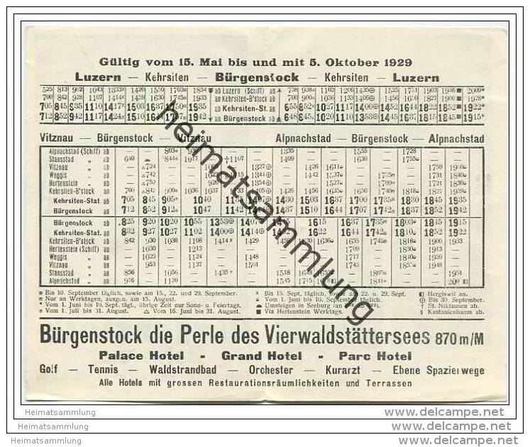 Schweiz - Bürgenstock - Bahn - Fahrplan Gültig Vom 15. Mai Bis 5. Oktober 1929 - Faltblatt Mit 3 Abbildungen - Reiseprospekte