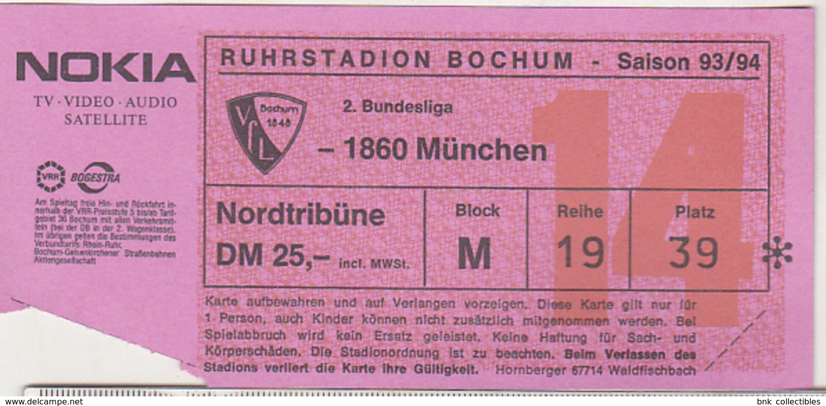 Germany VFL Bochum - 1860 Munchen-  1993 2. Bundesliga Match Ticket - Match Tickets